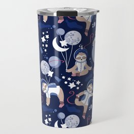 Best Space To Be // navy blue background indigo moons and cute astronauts sloths Travel Mug
