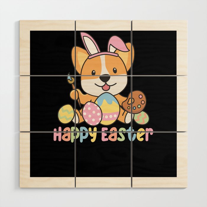 Happy Easter Cute Corgi At Easter With Easter Eggs Wood Wall Art