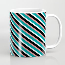 [ Thumbnail: Light Coral, Dark Cyan, Light Cyan, and Black Colored Lined/Striped Pattern Coffee Mug ]