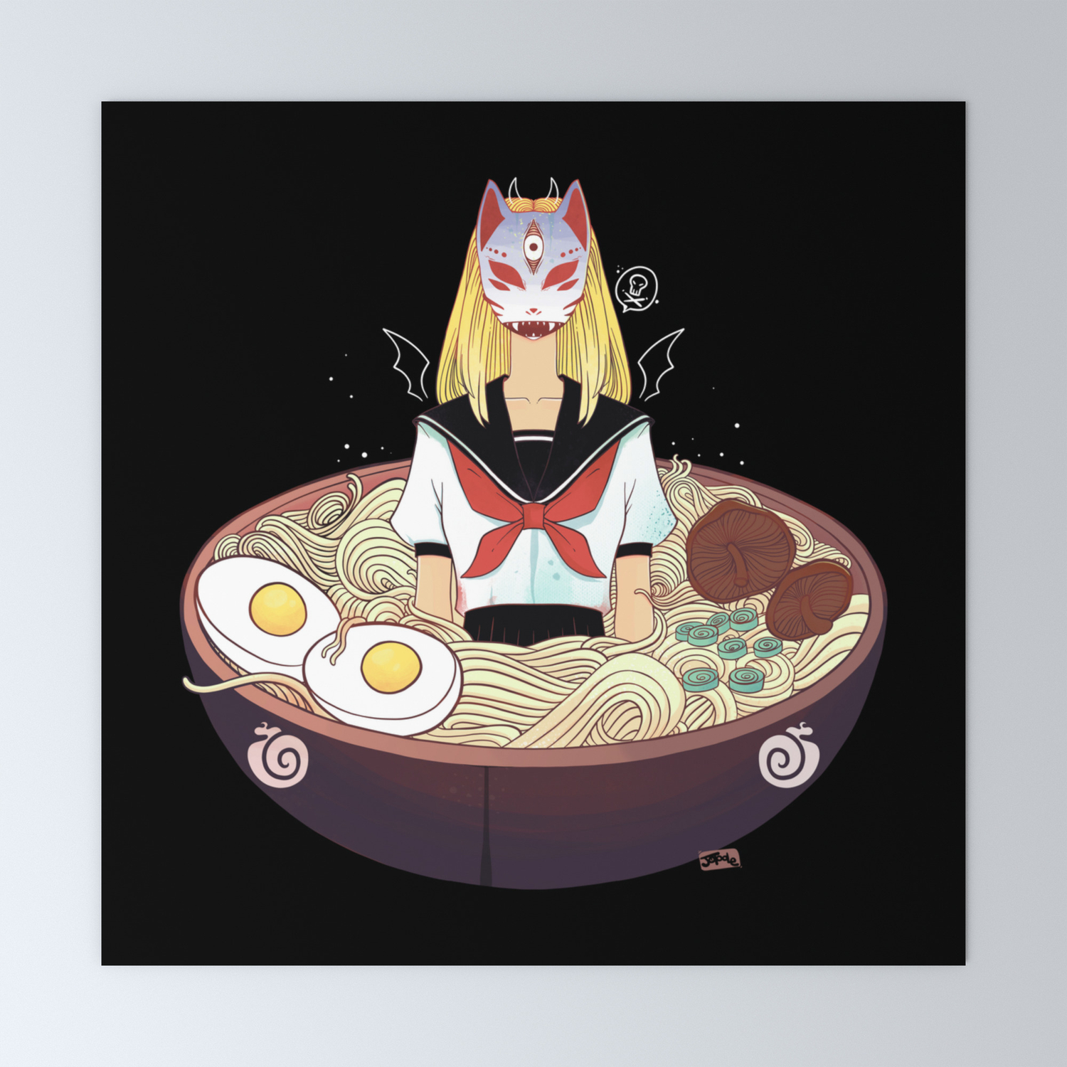 Anime School Girl Japanese Fox Kitsune Mask And Ramen Noodles Mini Art  Print by CellsDividing | Society6