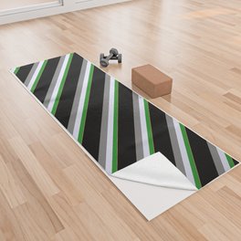 [ Thumbnail: Light Salmon, Forest Green, Lavender, Gray, and Black Colored Stripes/Lines Pattern Yoga Towel ]