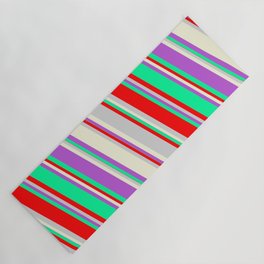[ Thumbnail: Colorful Orchid, Green, Red, Light Gray, and Beige Colored Striped/Lined Pattern Yoga Mat ]