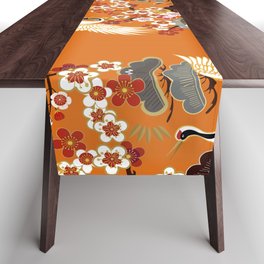 CRANES AND COLOR SAKURA. Colorful floral seamless pattern with flowers, japanese bird. Vintage traditional folk fashion ornament on Orange background. Table Runner