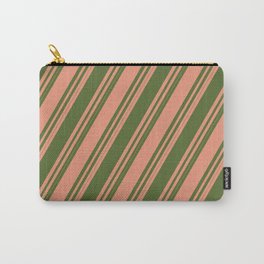 [ Thumbnail: Dark Salmon and Dark Olive Green Colored Striped/Lined Pattern Carry-All Pouch ]
