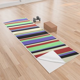 [ Thumbnail: Green, Slate Blue, Black, Light Yellow, and Red Colored Stripes Pattern Yoga Towel ]