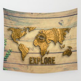 Explore Vintage World Map on Wood Wall Tapestry