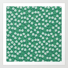 Seamless vintage floral pattern. Beautiful white flowers and green leaves on pale green background. Delicate daisy flowers in modern style Art Print | Flower, Ditsy, Floralvintage, Background, Fabric, Turquoise, Fashionprint, Country Style, Branch, Tiny 