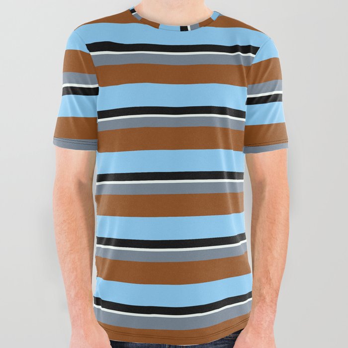 Colorful Slate Gray, Brown, Light Sky Blue, Black & Mint Cream Colored Striped Pattern All Over Graphic Tee