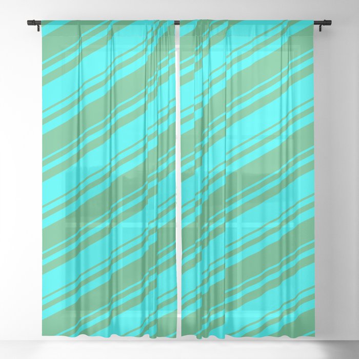 Sea Green and Aqua Colored Lined Pattern Sheer Curtain