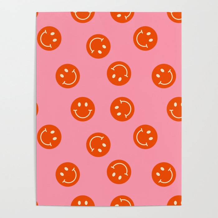 70s Retro Smiley Face Pattern on a Pink background and Orange Smiley Poster