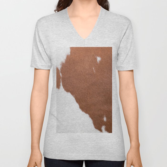 Brown Cowhide, Cow Skin Print Pattern, Modern Cowhide Faux Leather V Neck T Shirt