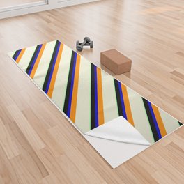 [ Thumbnail: Vibrant Beige, Dark Orange, Blue, Black & Green Colored Stripes Pattern Yoga Towel ]