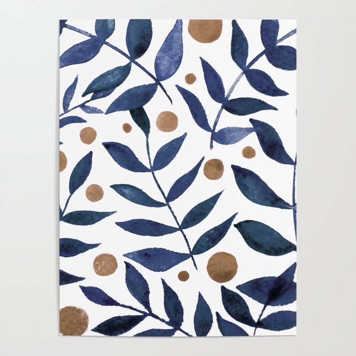 Watercolor berries and branches - indigo and beige Poster