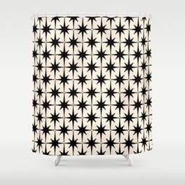 Midcentury Modern Atomic Age Starburst Pattern in Black and Almond Cream Shower Curtain