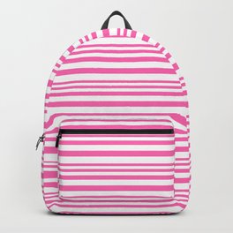 [ Thumbnail: Hot Pink and White Colored Lined/Striped Pattern Backpack ]