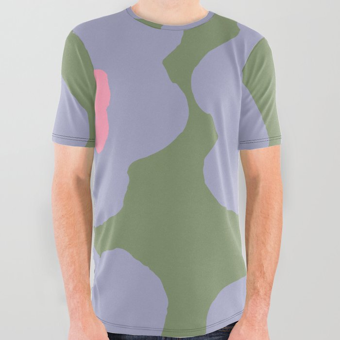 Large Pop-Art Retro Flowers in Very Peri Lavender on Green Background  All Over Graphic Tee