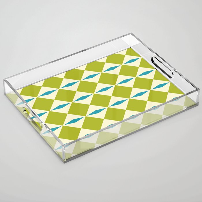 Geometric Diamond Pattern 825 Olive Green Turquoise and Beige Acrylic Tray