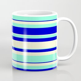 [ Thumbnail: Light Yellow, Aquamarine, and Blue Colored Striped/Lined Pattern Coffee Mug ]