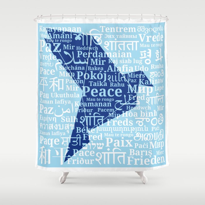 Dove-origami on the background of the word "Peace" in different languages of the World Shower Curtain
