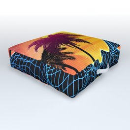 Sunset Vaporwave landscape with rocks and palms Outdoor Floor Cushion | Geometric, 80Sbackground, Synthwave, 1980Sstyle, Aesthetics, Glitch, Sungrid, Retrodesign, Design, Palmtrees 