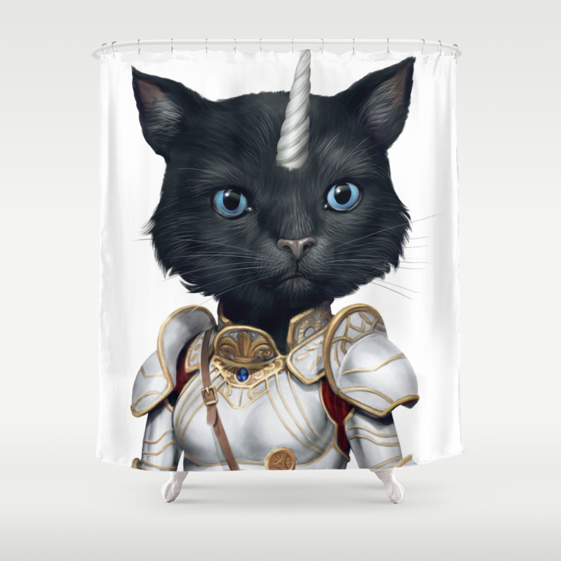 Funny Cute Unicorn Warrior Black Cat With Blue Eyes Shower Curtain