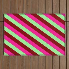 [ Thumbnail: Deep Pink, Green & Maroon Colored Striped Pattern Outdoor Rug ]