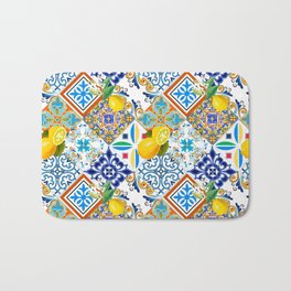 Tiles,mosaic,azulejo,quilt,Portuguese,majolica,lemons,citrus. Bath Mat