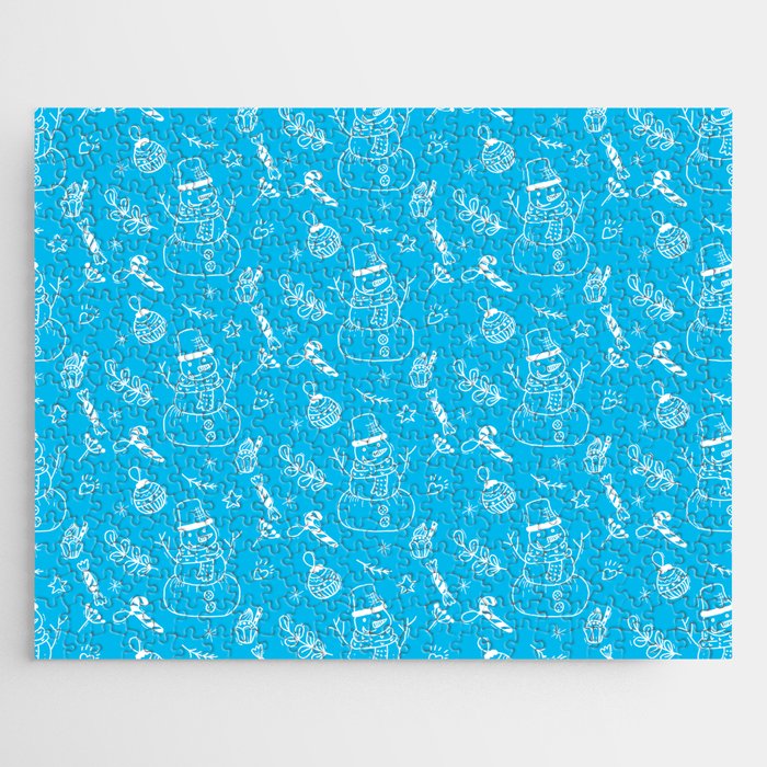 Turquoise and White Christmas Snowman Doodle Pattern Jigsaw Puzzle