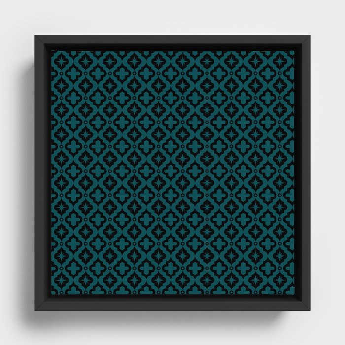 Teal Blue and Black Ornamental Arabic Pattern Framed Canvas