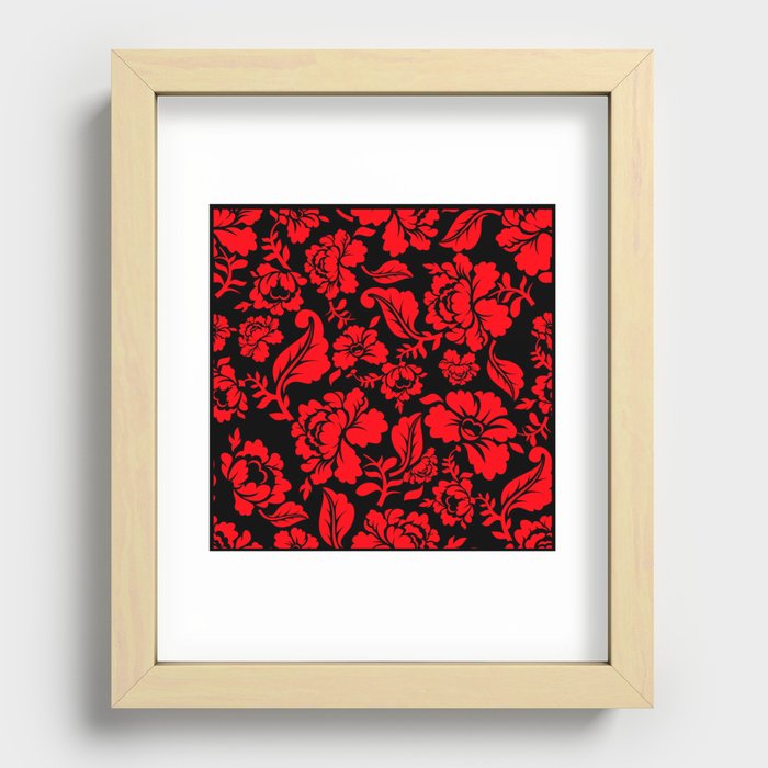 Red Roses on Black Background Floral Pattern Recessed Framed Print