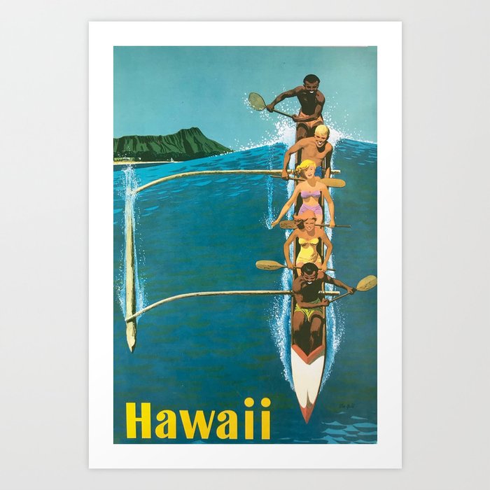 Hawaii, Diamond Head Oʻahu Outrigger United Airlines Vintage Travel Poster Art Print