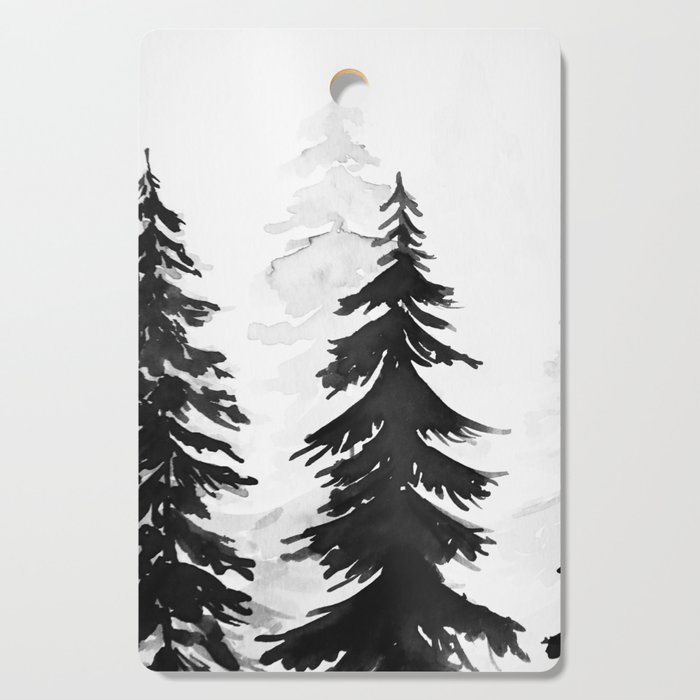 Evergreens in black white, minimalist forest Cutting Board