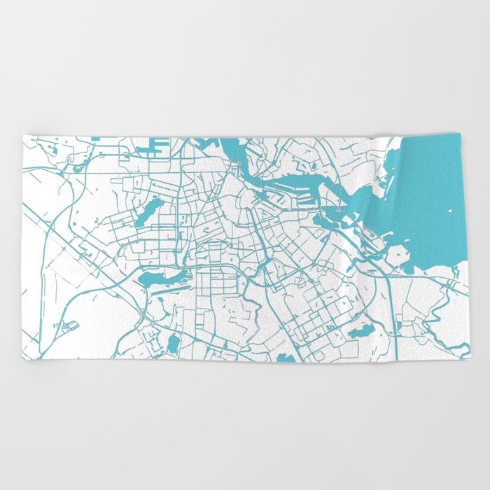 Amsterdam White on Turquoise Street Map Beach Towel