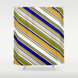 [ Thumbnail: Colorful Light Gray, Green, Goldenrod, Mint Cream, and Blue Colored Pattern of Stripes Shower Curtain ]