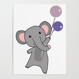 Elephant Flies Balloons Upwards Cute Animals Poster