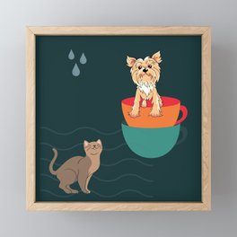 Teacup Yorkie and cat teal Framed Mini Art Print