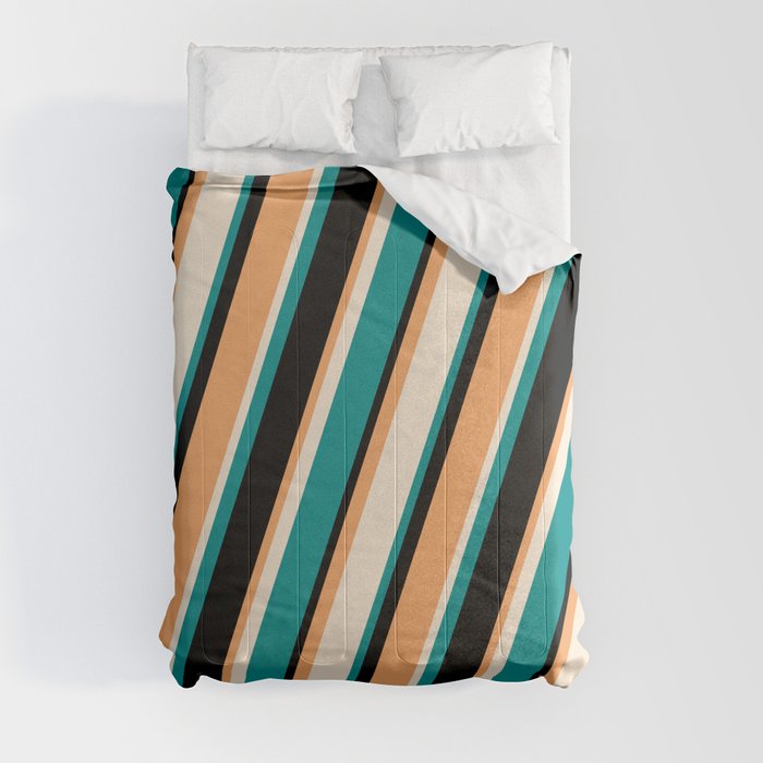 Brown, Beige, Dark Cyan & Black Colored Stripes/Lines Pattern Comforter