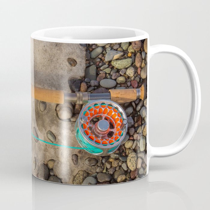 Salmon spey fly rod and reel resting on gravel and snow in British Columbia, Canada Coffee Mug