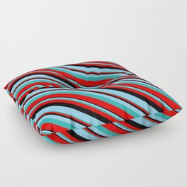 [ Thumbnail: Black, Sky Blue, Light Sea Green & Red Colored Lines/Stripes Pattern Floor Pillow ]