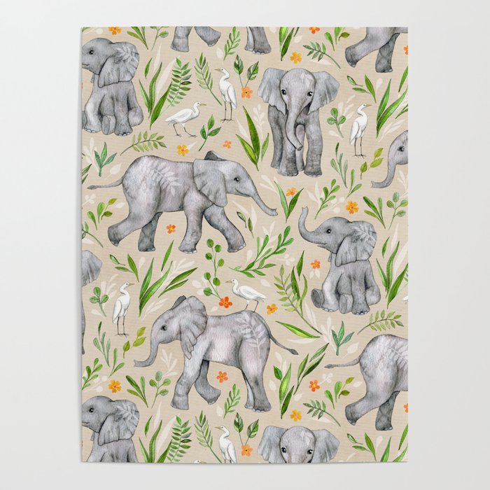 Baby Elephants and Egrets in Watercolor - neutral cream Poster