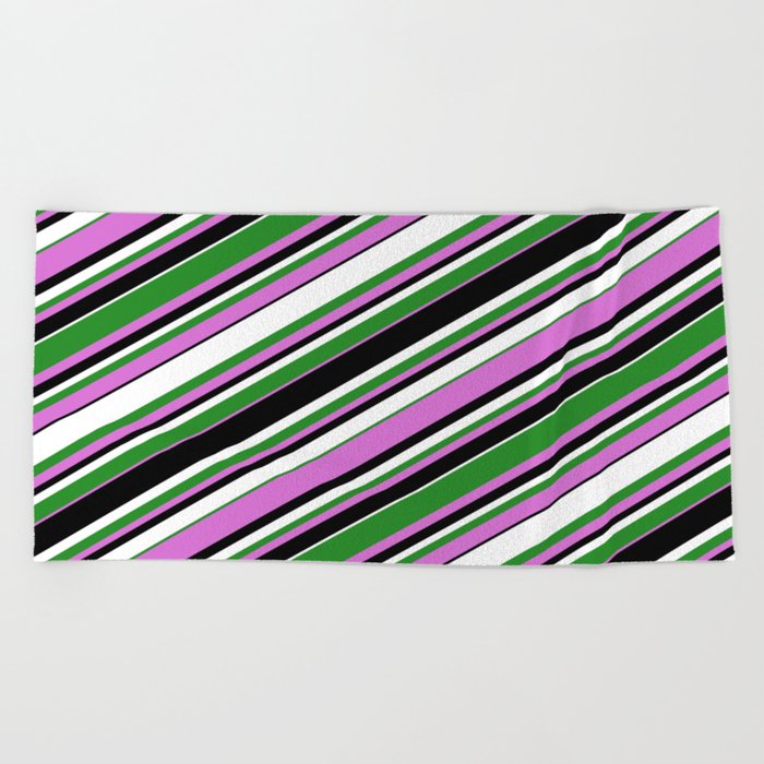 Forest Green, Orchid, Black & White Colored Striped/Lined Pattern Beach Towel
