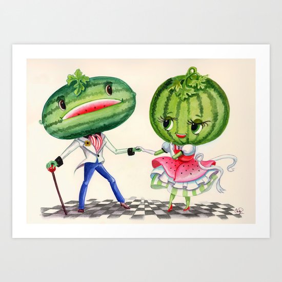 Kitschy Cute Watermelon Couple Art Print