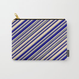 [ Thumbnail: Dark Blue, Tan, and Grey Colored Striped Pattern Carry-All Pouch ]