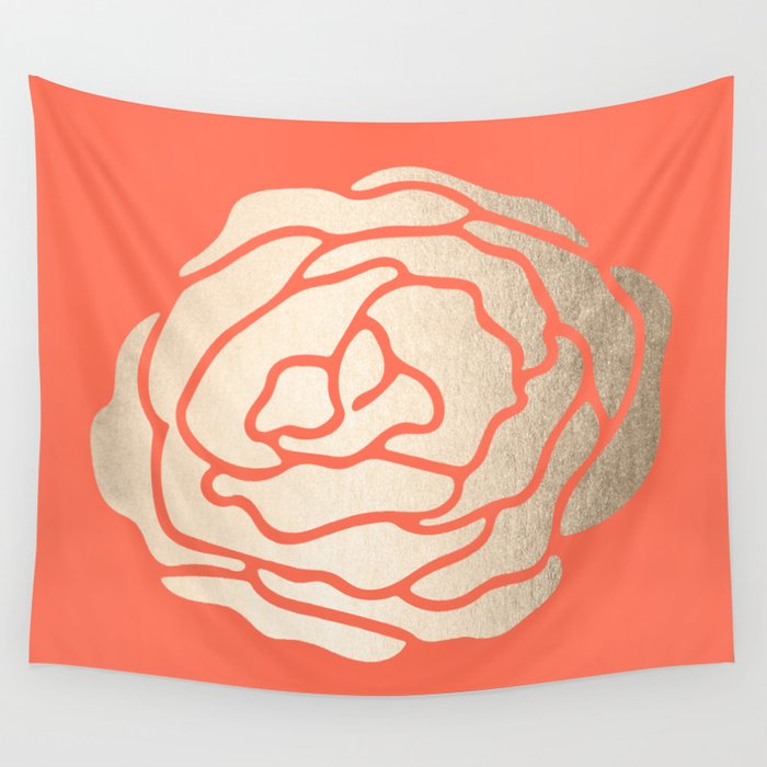 Rose White Gold Sands on Deep Coral Wall Tapestry