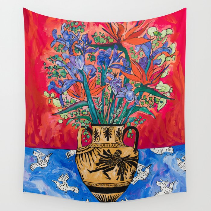 Icarus Floral Still Life Painting with Greek Urn, Irises and Bird of Paradise Flowers Wall Tapestry