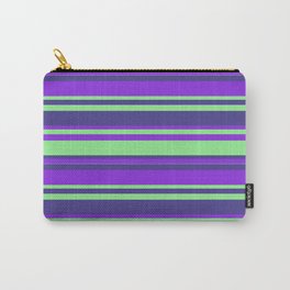 [ Thumbnail: Purple, Light Green & Dark Slate Blue Colored Lines/Stripes Pattern Carry-All Pouch ]
