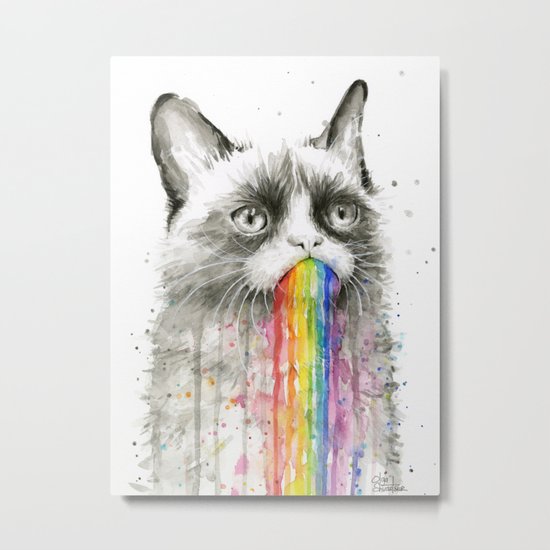 Grumpy Rainbow Cat Watercolor Animal Meme Geek Art Metal Print