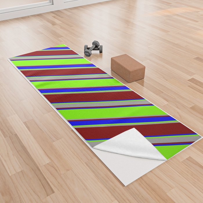 Chartreuse, Dark Gray, Maroon & Blue Colored Lines/Stripes Pattern Yoga Towel