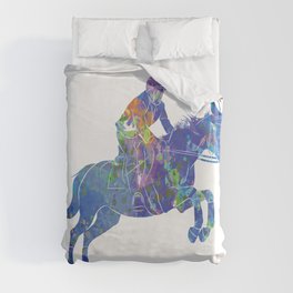 Equestrian sports, horse jumping, jumping, horse with rider jumping in watercolor 08 Duvet Cover