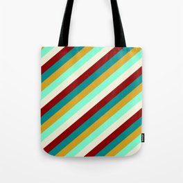 [ Thumbnail: Eye-catching Dark Cyan, Goldenrod, Aquamarine, Beige, and Dark Red Colored Lined Pattern Tote Bag ]